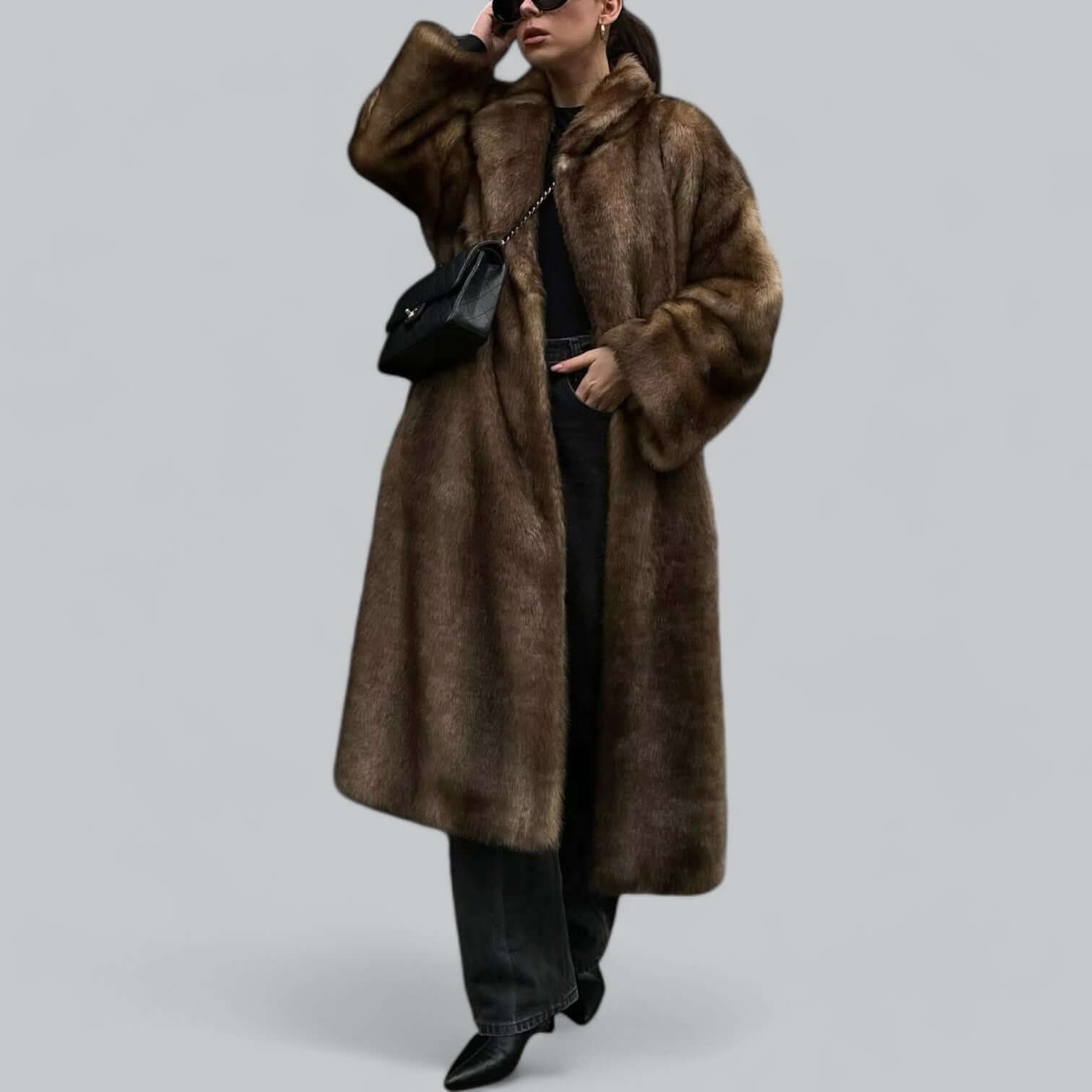 Krohn-e | Eleganter Kunstfell Langer Trenchcoat