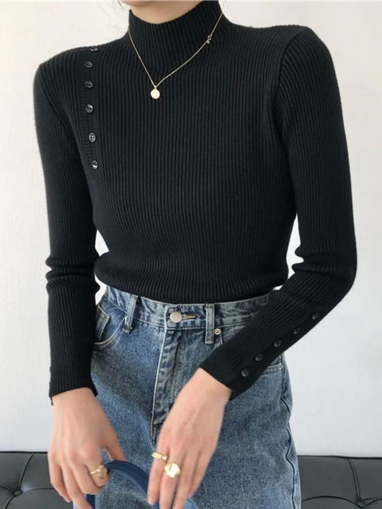 Krohn-e | Eleganter Pullover mit Zierknöpfen und Stehkragen