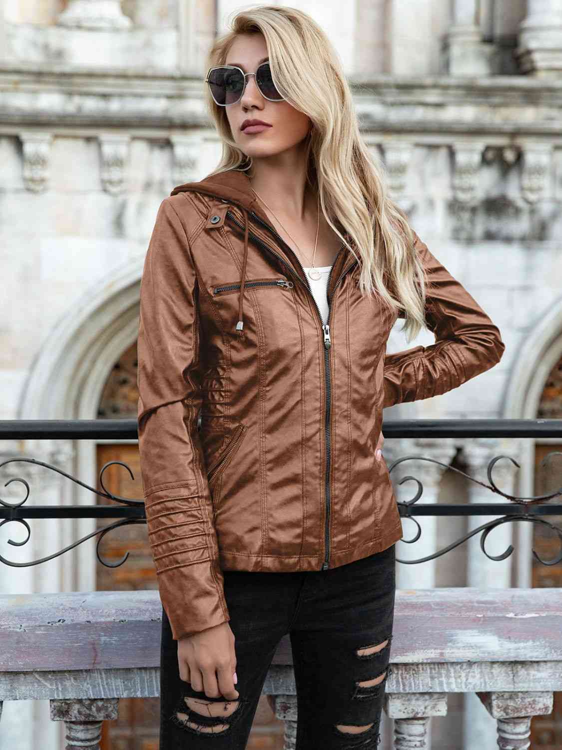 Krohn-e | PU-Jacke mit Kapuze und durchgehendem Reißverschluss
