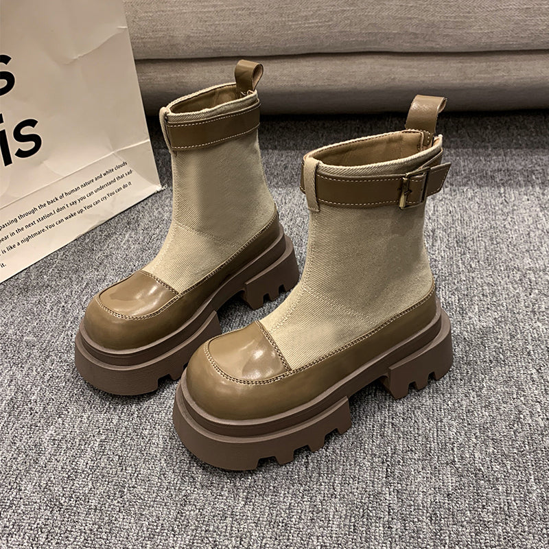 Elif Damen Plateau Stiefeletten Herbst 2024 Canvas Quadratabsatz