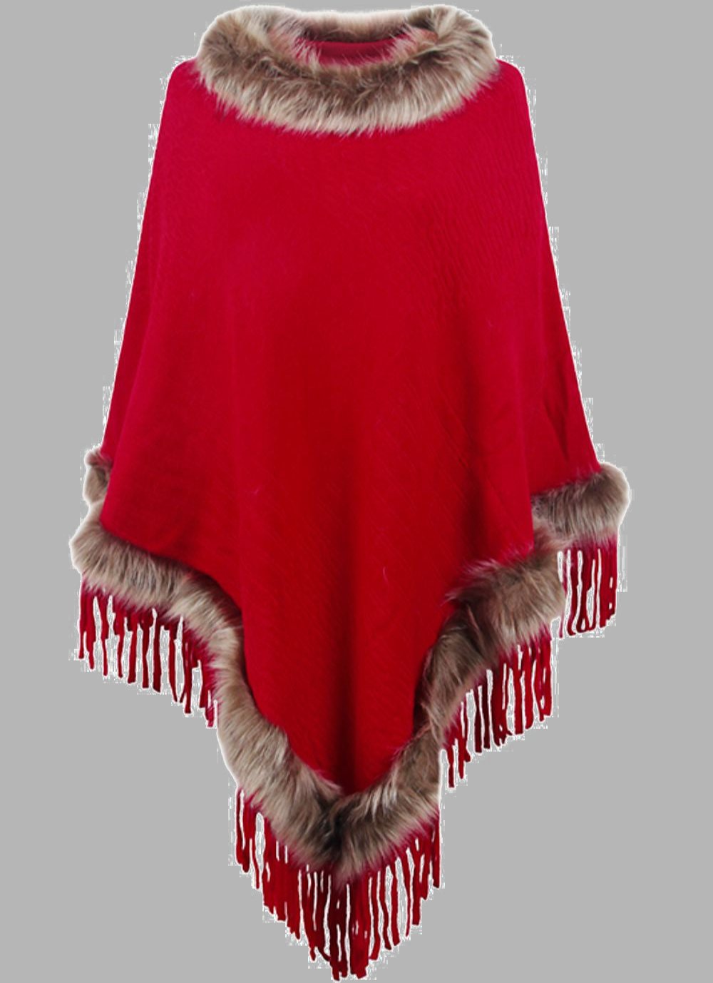 Krohn-e | Elegante Damen Poncho mit Pelzkragen und Fransen