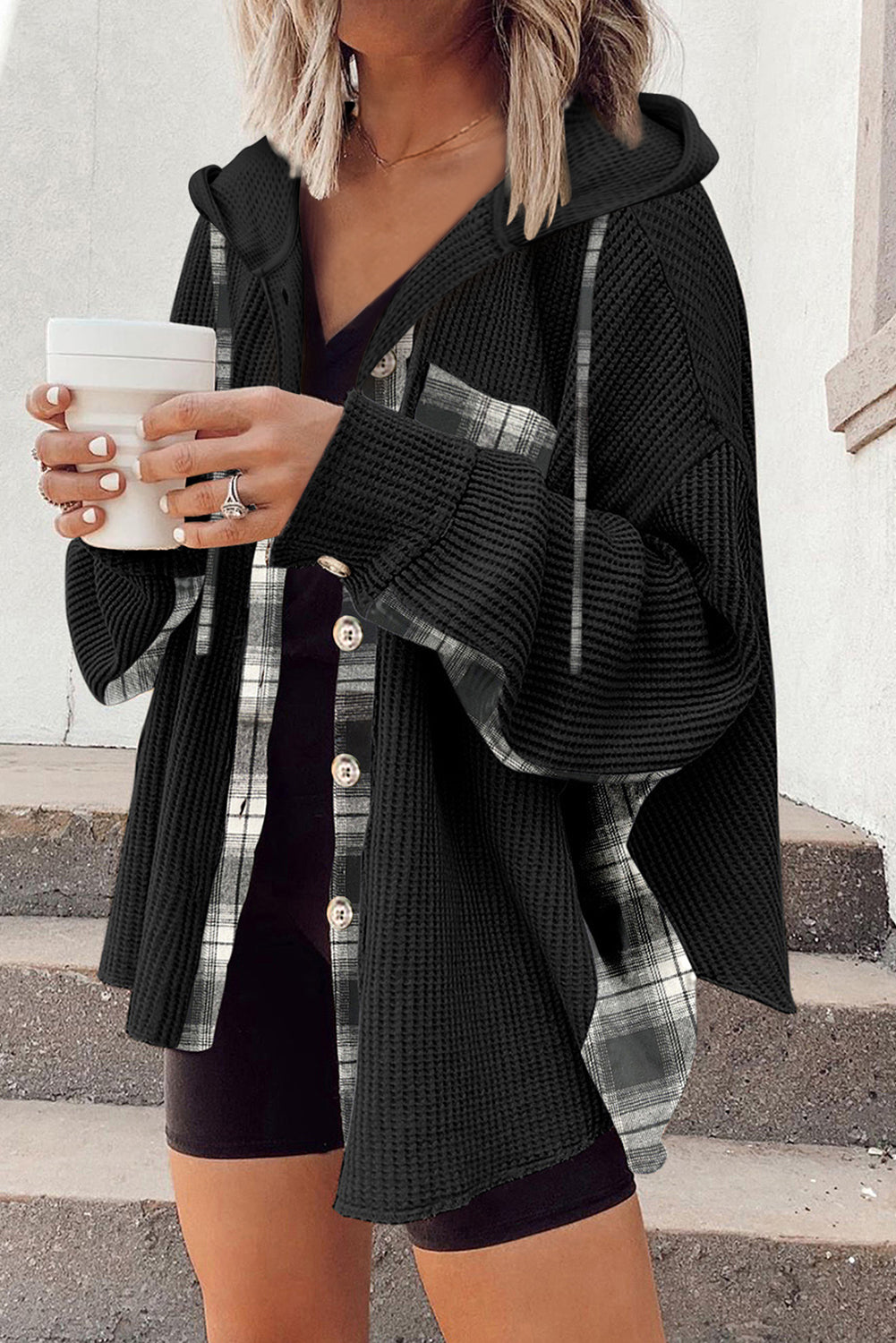 Krohn-e | Oversized Hemdjacke mit Kapuze Geripptes und Kariertes Design Bequem und Trendy