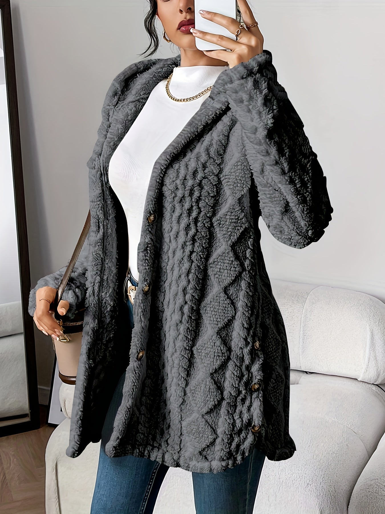 KROHN-E Damen Kapuzen-Cardigan Weich Plüsch Warm Oversized