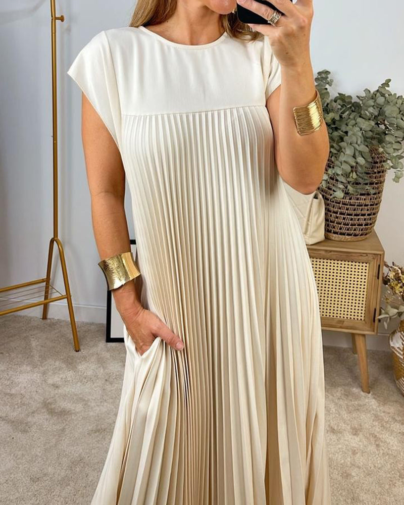 KROHN-E Damen Maxi-Kleid Plissiert Fließend Elegant