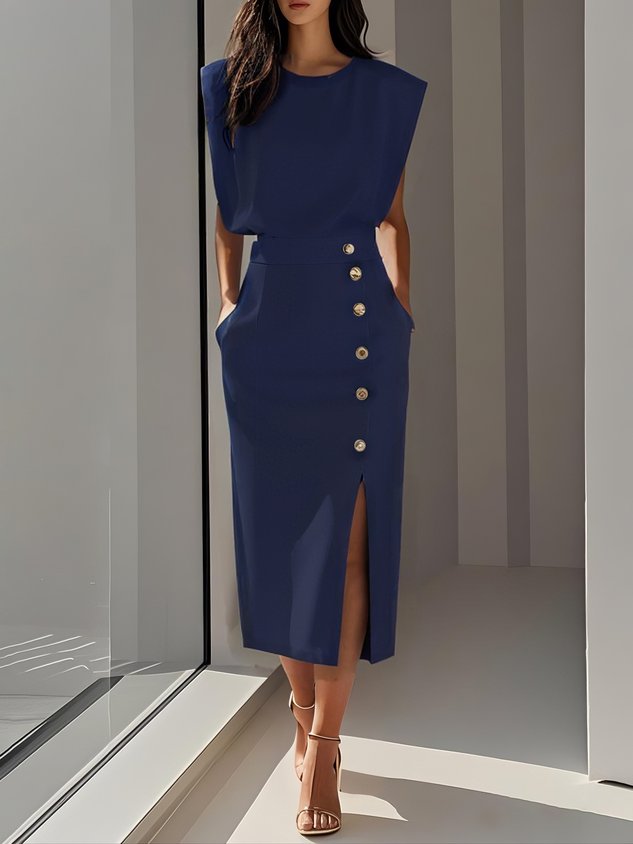 KROHN-E Damen Midi-Kleid Entspannter Schnitt Knopfdetail Vielseitig
