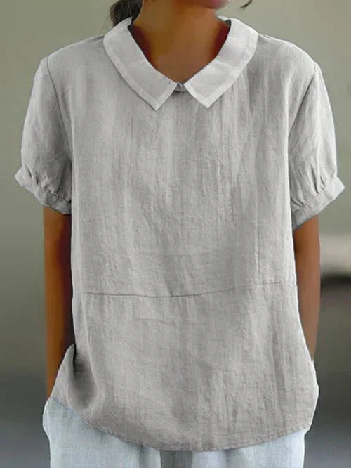 KROHN-E Damen Bluse kurzarm Peter-Pan-Kragen Leinen-Optik hellblau