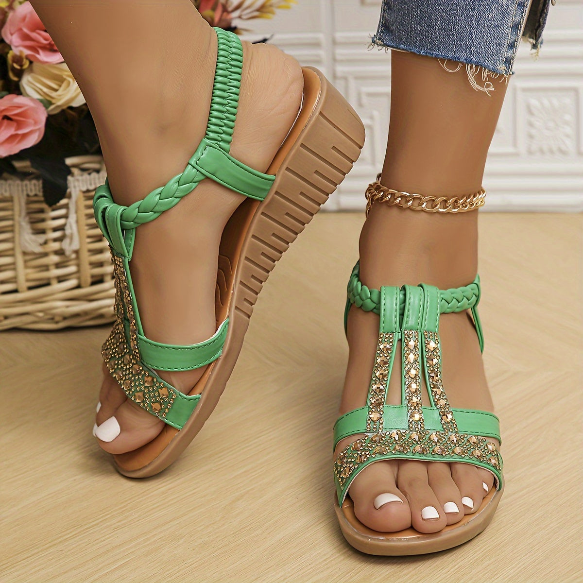 KROHN-E Damen Sandalen Geflochten Strass Riemen Gold