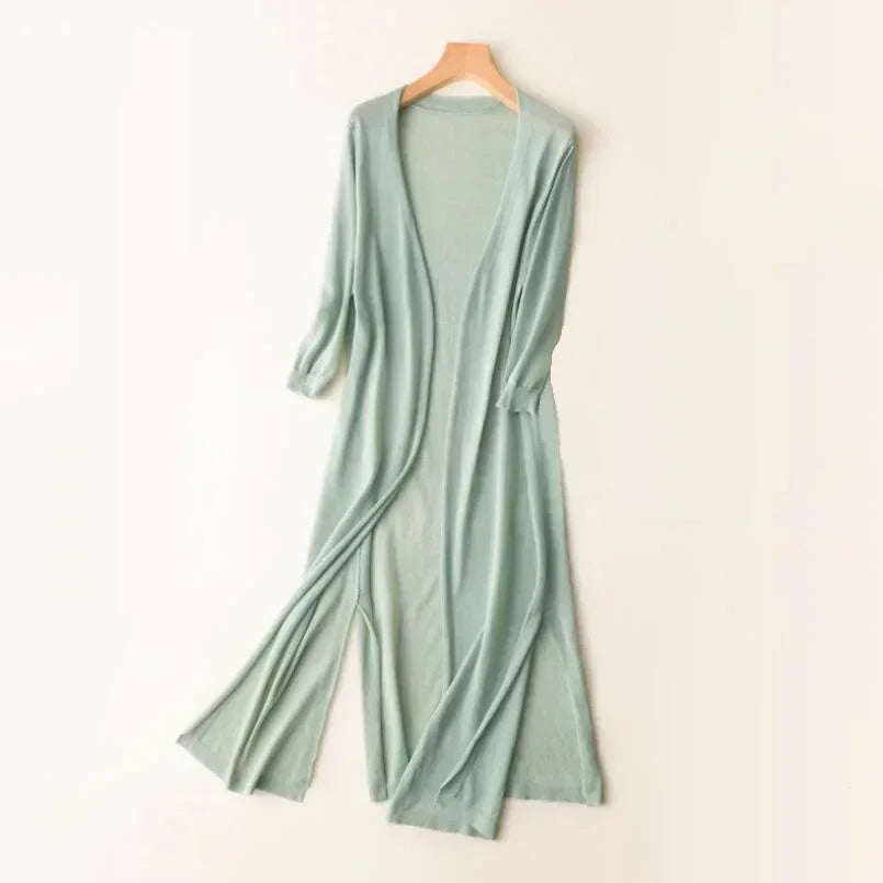 Elsbeth | Damen Langer Cardigan Offen Maxi Strickjacke