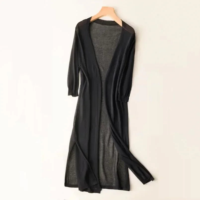 Elsbeth | Damen Langer Cardigan Offen Maxi Strickjacke