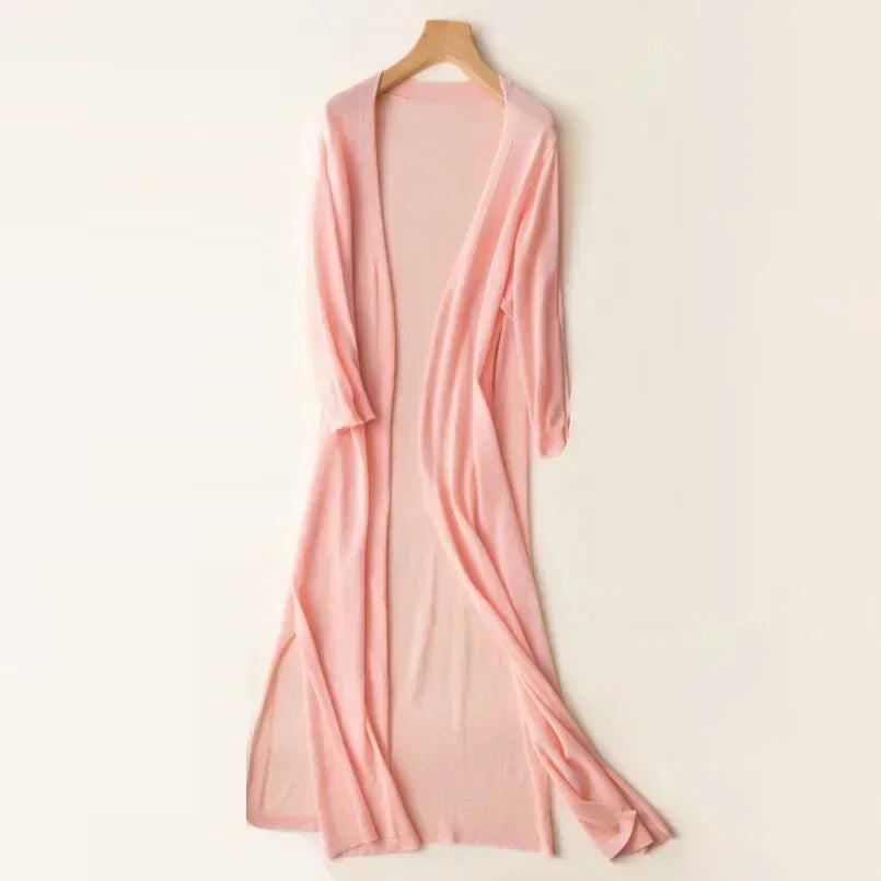 Elsbeth | Damen Langer Cardigan Offen Maxi Strickjacke