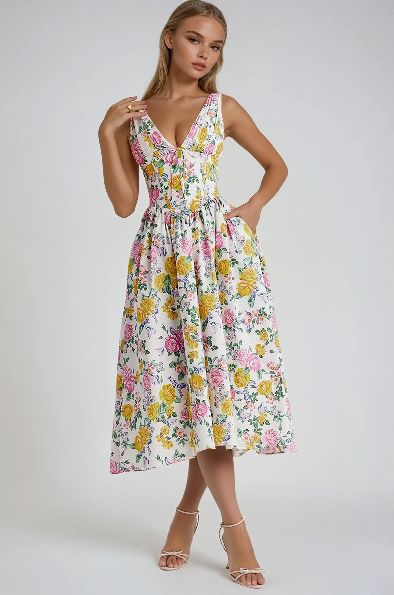 KROHN-E Damen Sommerkleid mit verstellbaren Trägern fließend