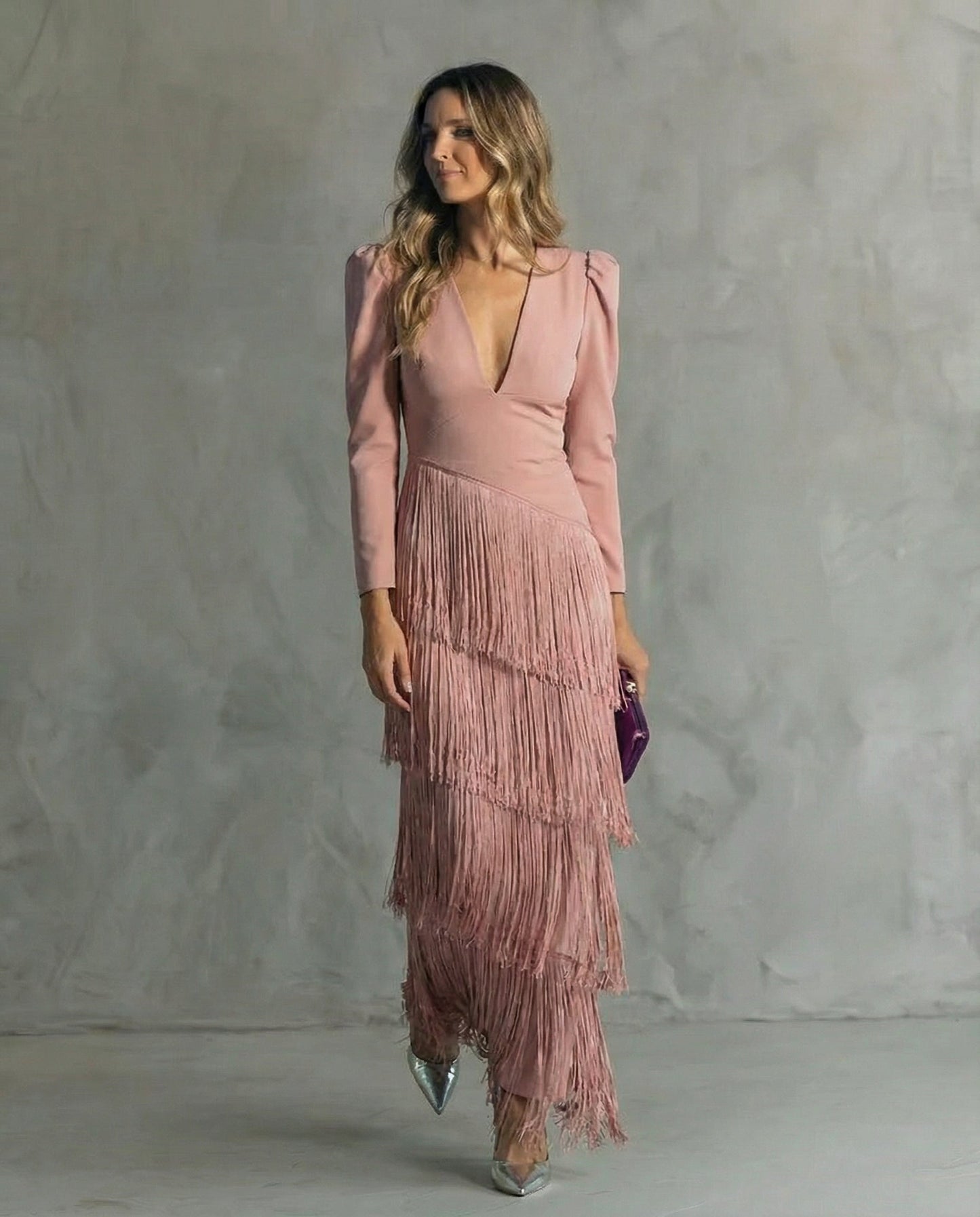 Esmeralda | Damen V-Ausschnitt Fransen Midikleid