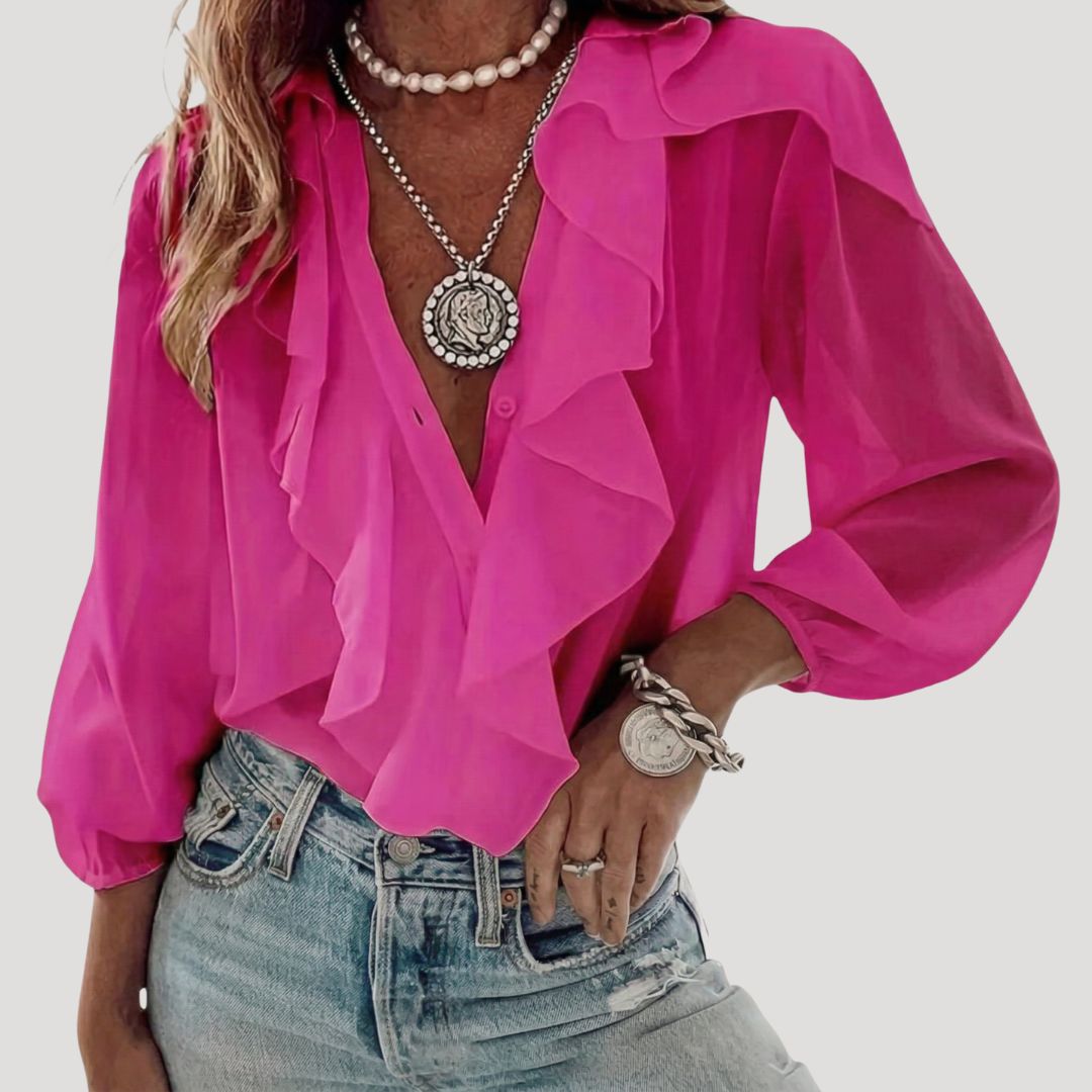 Evangelia | Damen V-Neck Rüschen Bluse mit Langarm
