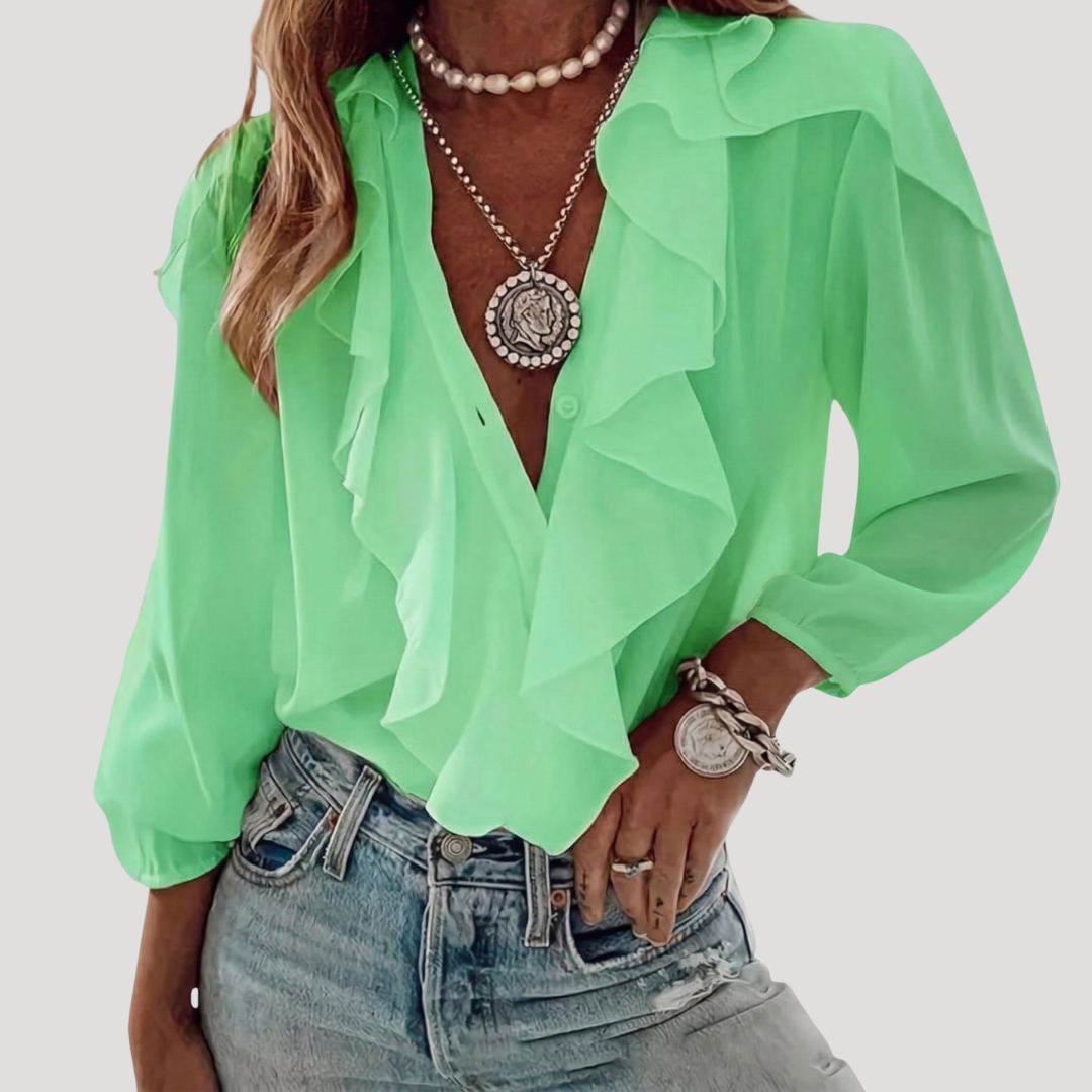 Evangelia | Damen V-Neck Rüschen Bluse mit Langarm