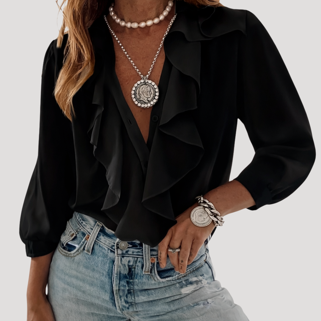 Evangelia | Damen V-Neck Rüschen Bluse mit Langarm