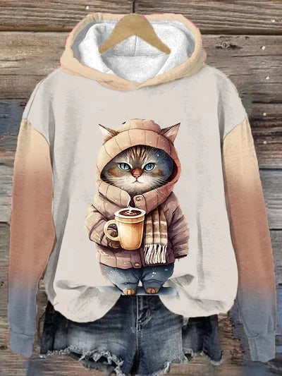 Damenpullover mit Katzen- und Kaffeemotiv