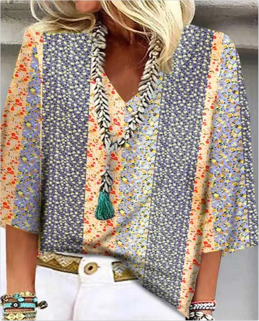 KROHN-E Damen Bluse Patchwork Blumenmuster V-Ausschnitt 3/4-Ärmel
