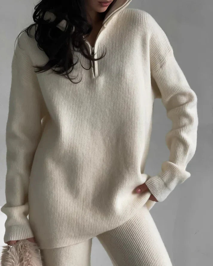 Krohn-e | Zwei Teilige Gestrickte Reißverschluss Pullover Hoch Taillierte Hosen Satzs