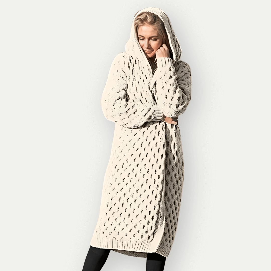 Krohn-e | Strickjacke - Lockere Passform - Langes Modell - Kapuze - Zopfmuster - Offene Vorderseite