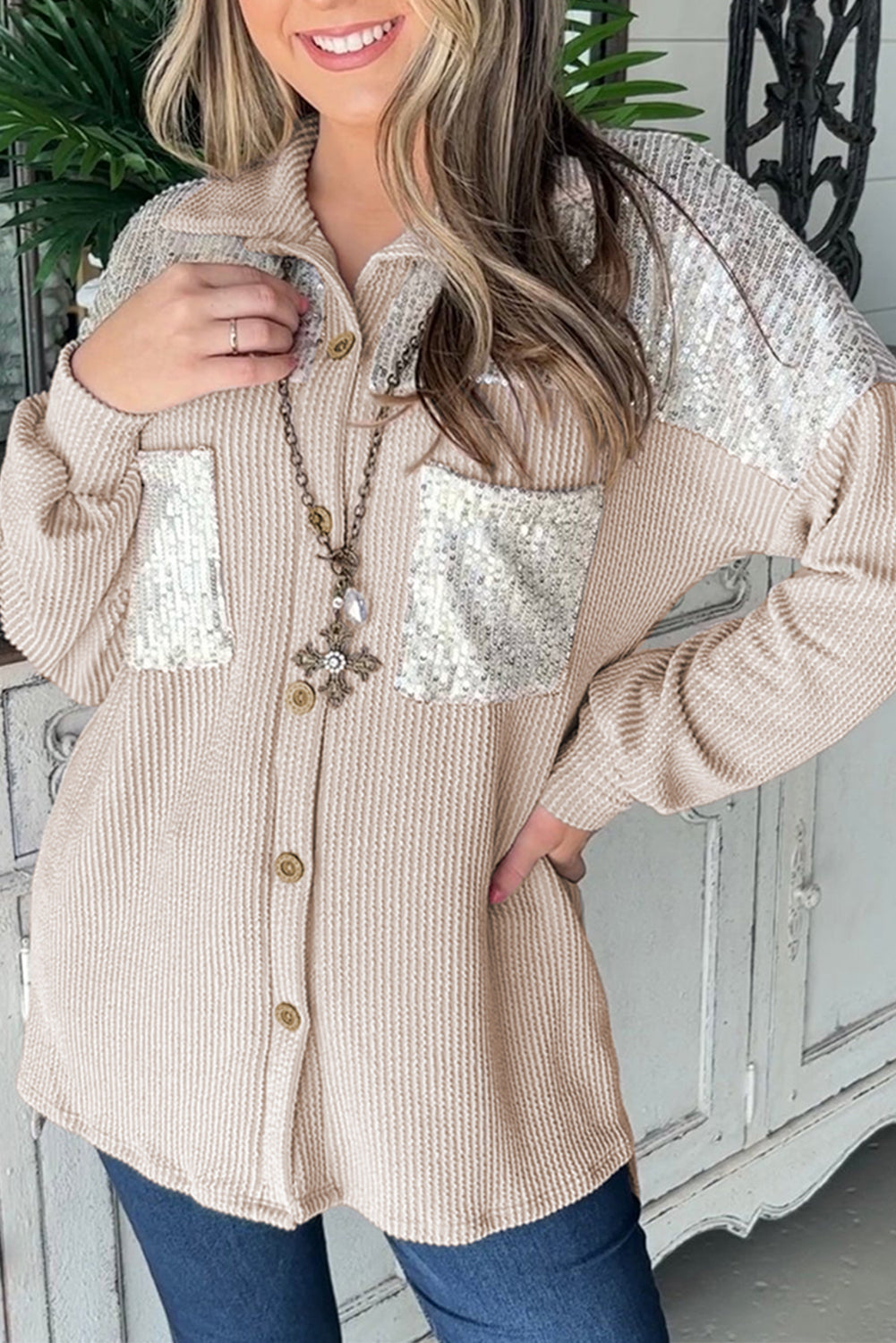 Krohn-e | Rippierte Hemdbluse mit Silber Pailletten Polyester-mischung Elegant und Festlich