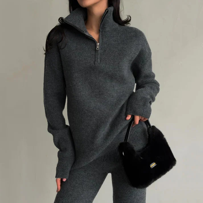 Krohn-e | Zwei Teilige Gestrickte Reißverschluss Pullover Hoch Taillierte Hosen Satzs