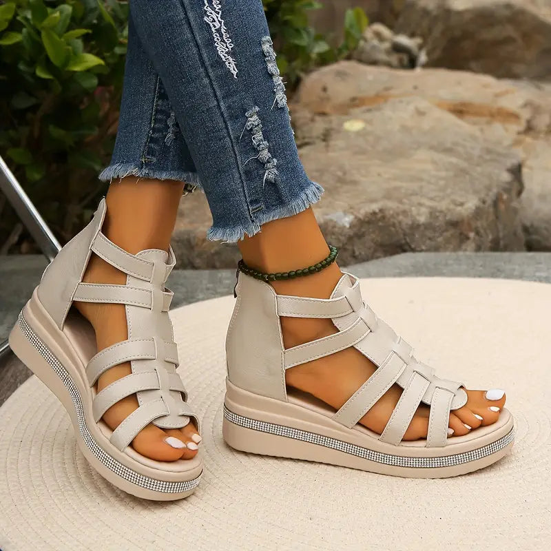 KROHN-E Damen Komfort-Sandalen Strass-Verzierung Orthopädisch Beige