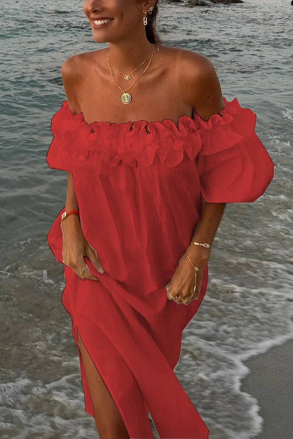 Sophie: Rüschen-Midikleid mit Puffärmeln, Carmen-Ausschnitt und Taschen