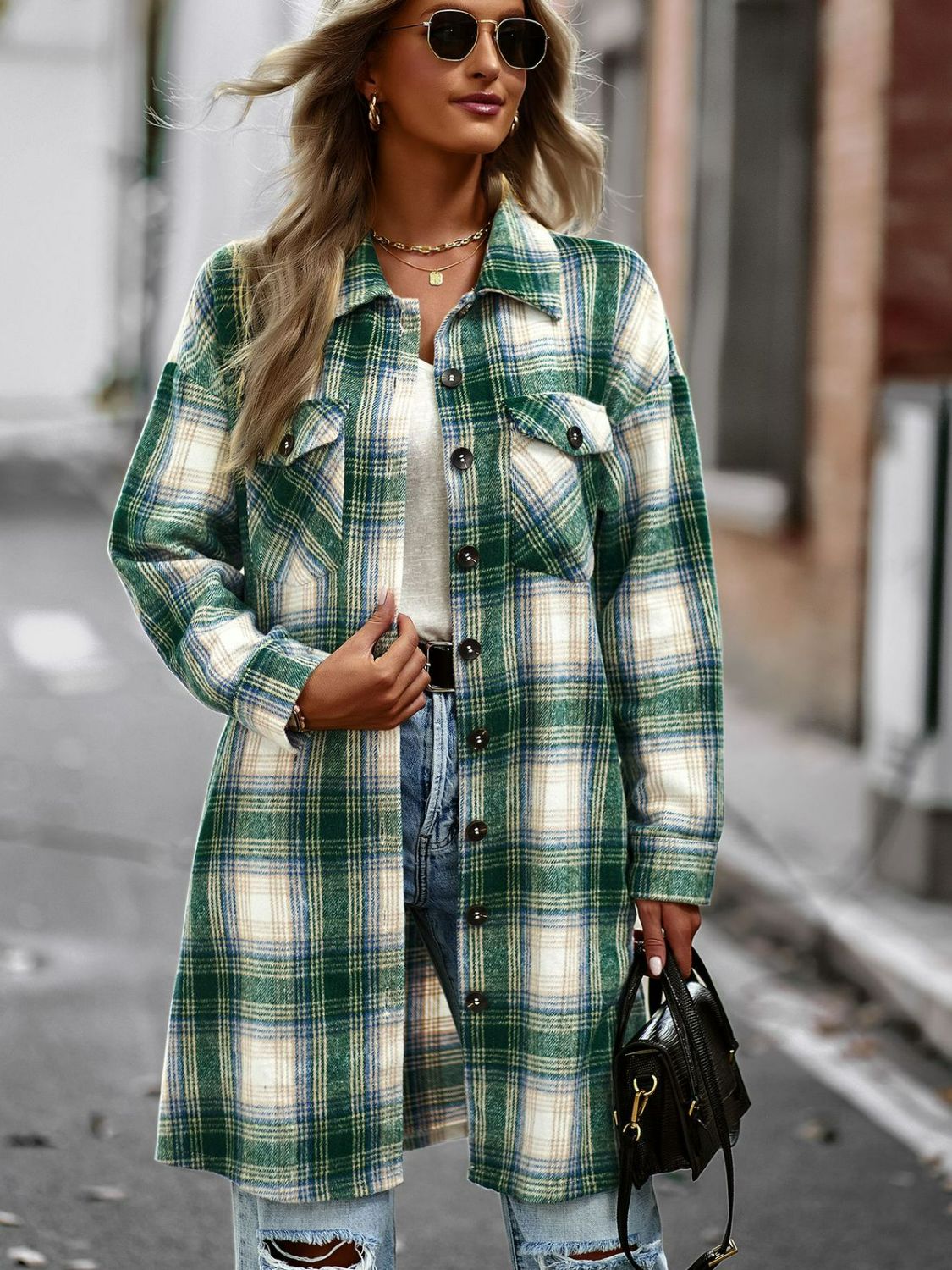 Krohn-e | Karierte Button-Up Longline Jacke mit Taschen
