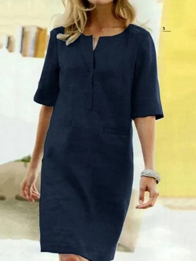 Krohn-e | Damen Kurzarm Baumwolle und Leinen Kleid