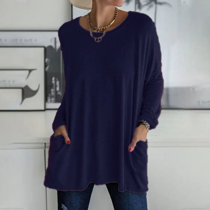 Noja | Damen Longshirt Übergroß Rundhals Seitentaschen Herbst