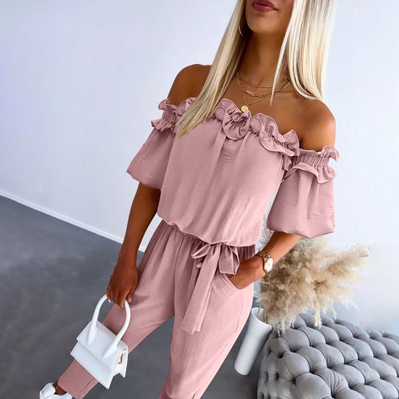 KROHN-E Damen Off-Shoulder Jumpsuit Rüschen Taillengürtel Elegant