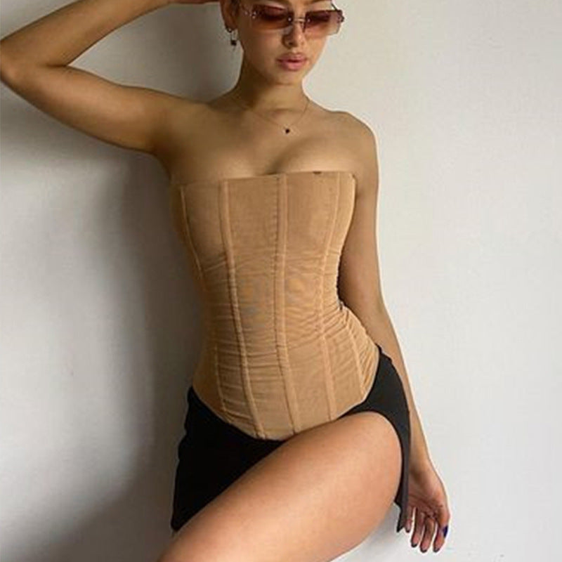 Neuer Netz-Crop-Corsagen-Style: Fudus Damen Sommer Top, schmal, ärmellos, Tube