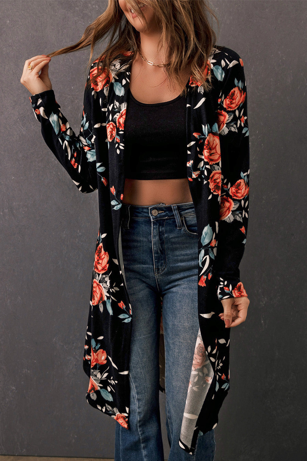 Krohn-e | Bedruckter Offene Front Langarm Cardigan