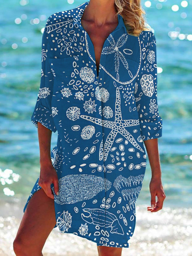 Strandkleid, Strickjacke, Badeanzug, Damenmode,  Fudus Print-Hemd für den Urlaub