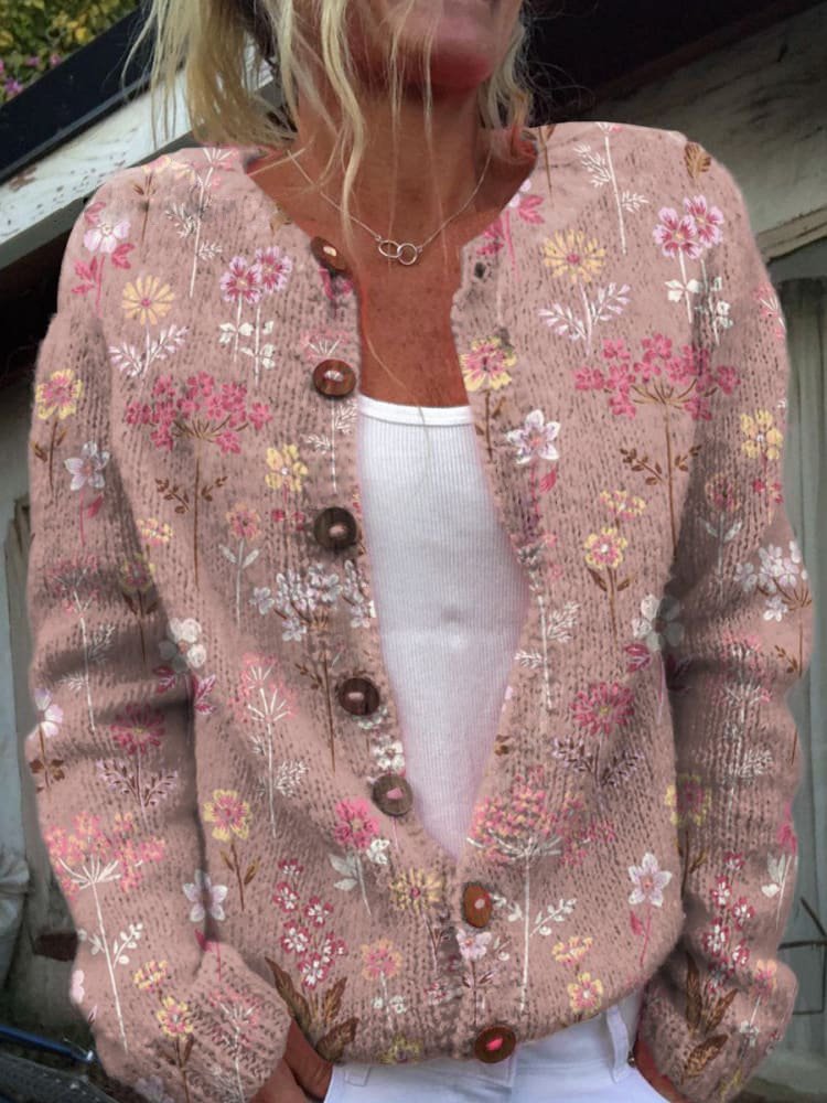 Krohn-e | Knopflose Strickjacke mit Blumenmuster Strick Elegant und Komfortabel