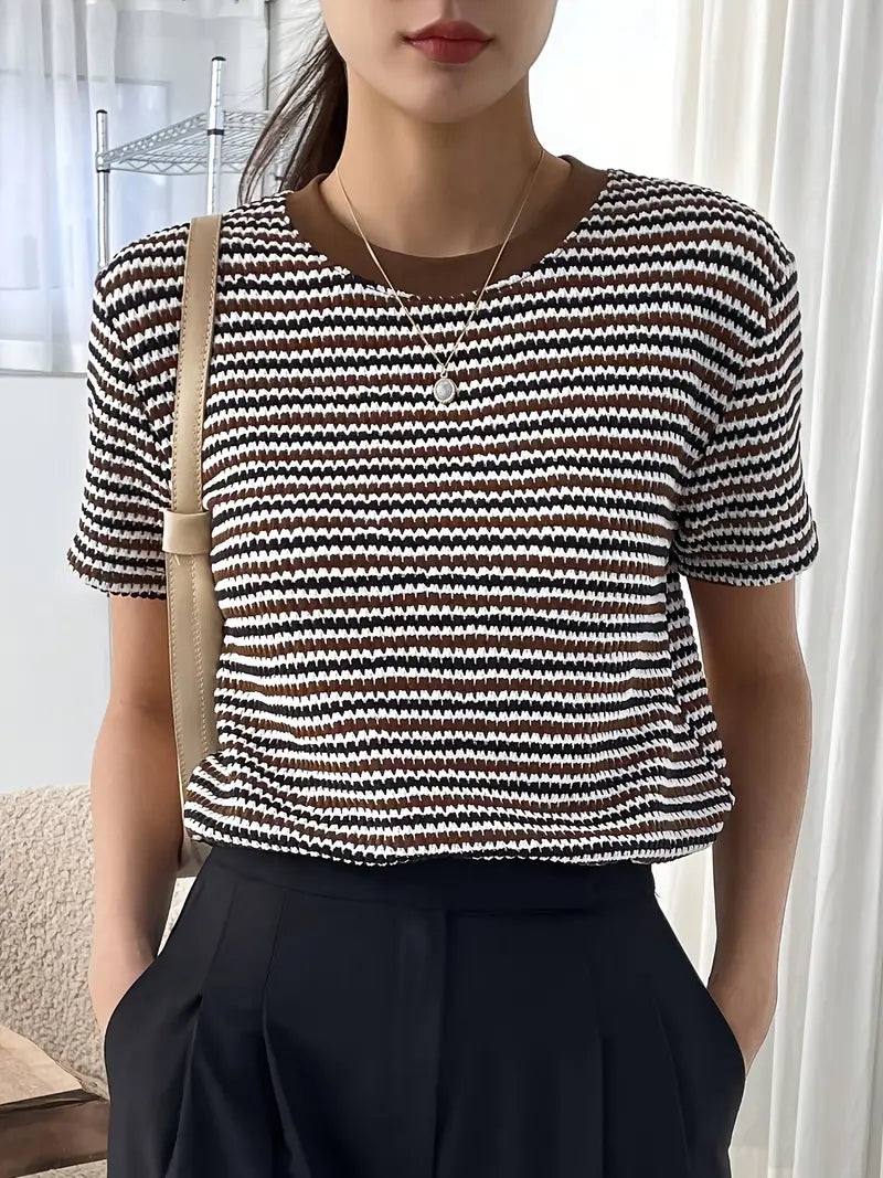 Fudus Casual Korte Mouwen T-shirt met Ronde Hals en Strepen