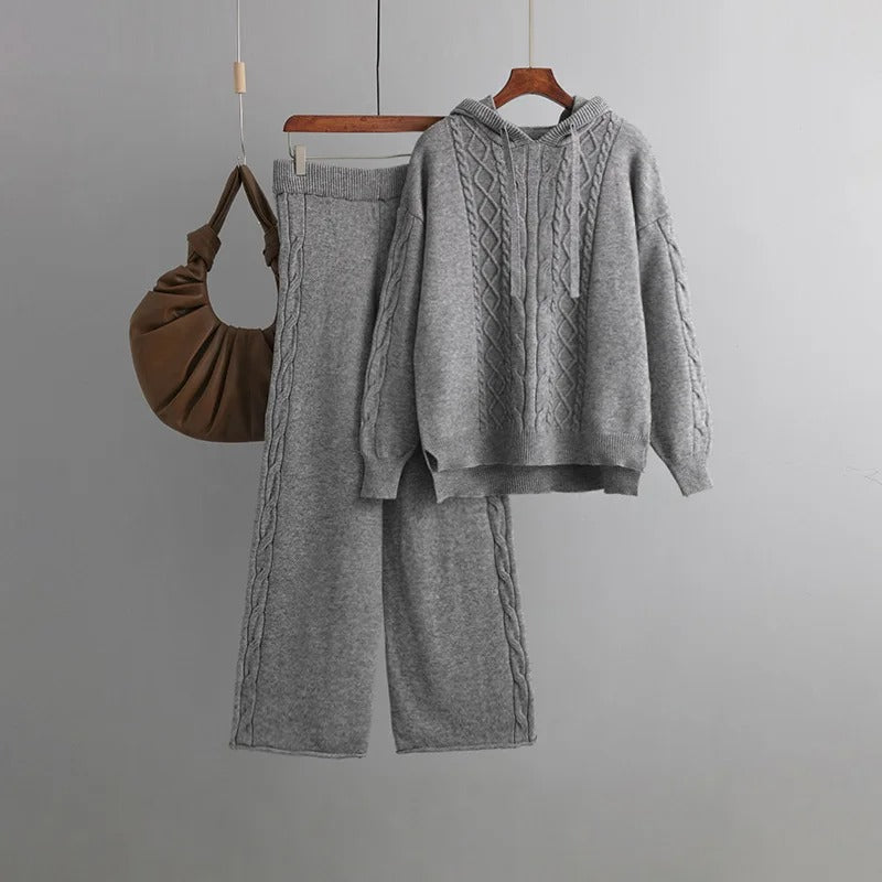 Langarm-Strickpullover mit weiten Hosen – Zweiteiliger Satz