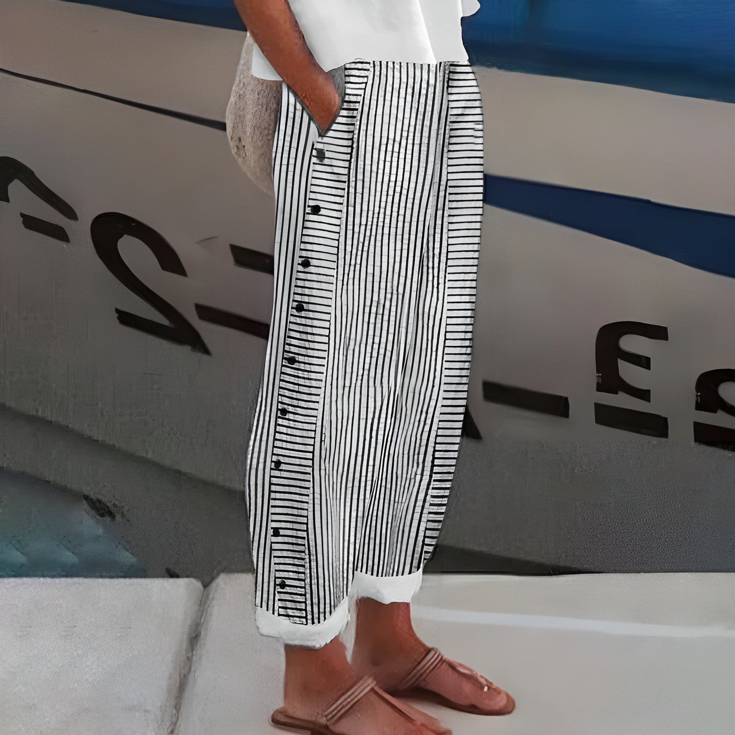 KROHN-E Damen Relaxed-Hose Seitentaschen Elastikbund Baumwolle