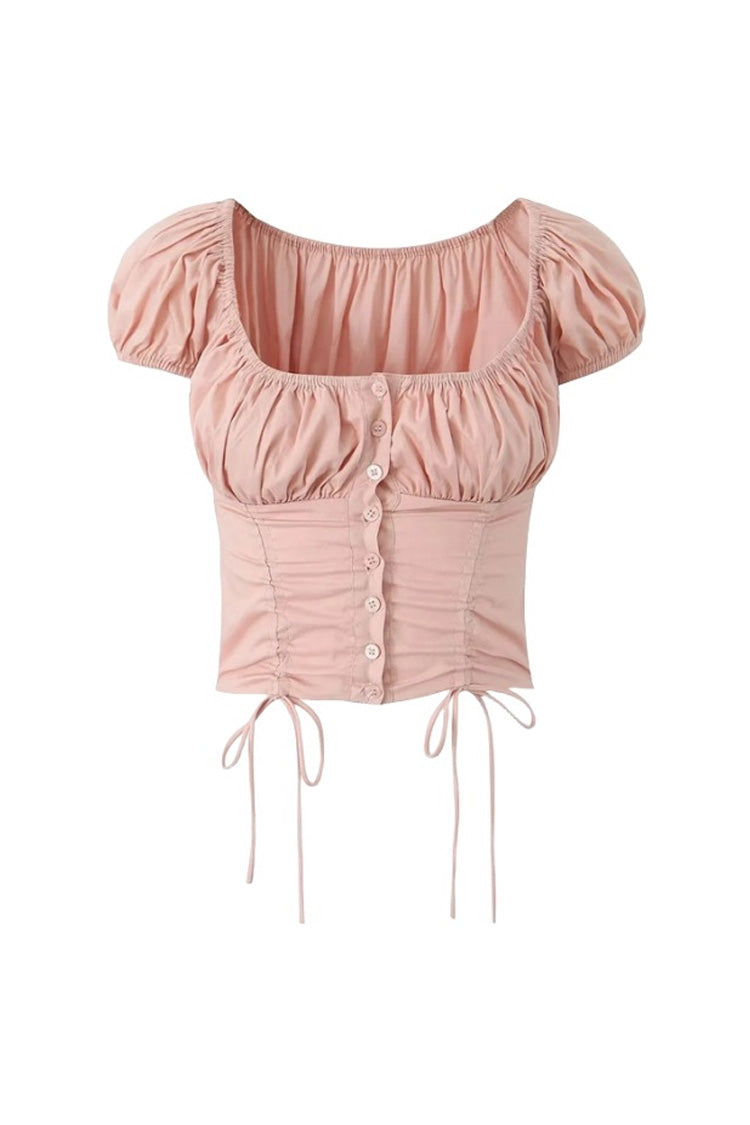 Fudus Puff-Sleeve Button-Up Ruched Crop Top with Square Neckline
