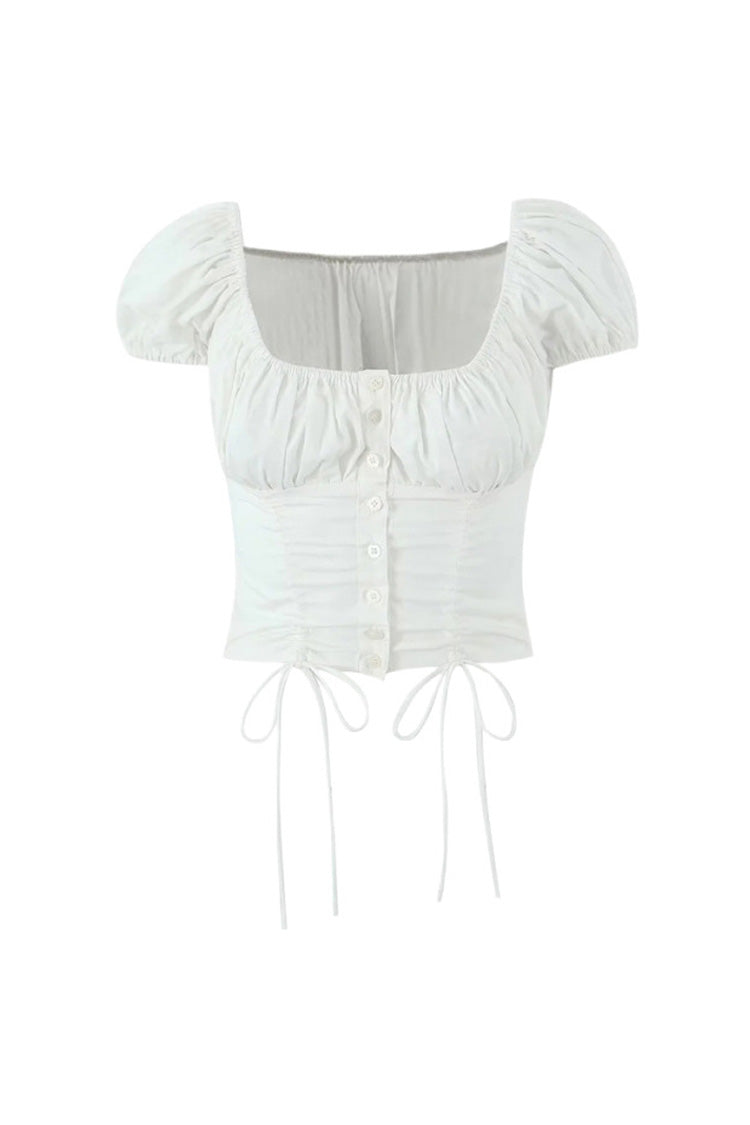 Fudus Puff-Sleeve Button-Up Ruched Crop Top with Square Neckline