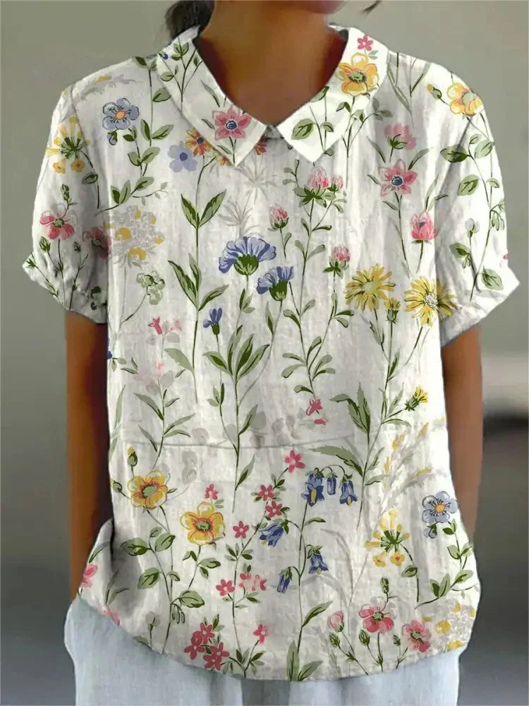 Hannelore | Damen Bluse Wiesenblumen Bubikragen Kurzarm