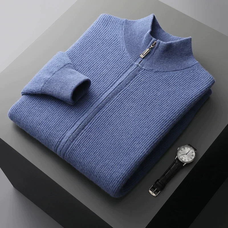 Herren-Cardigan mit Reißverschluss und gerippter Struktur. 100 % Wolle.
