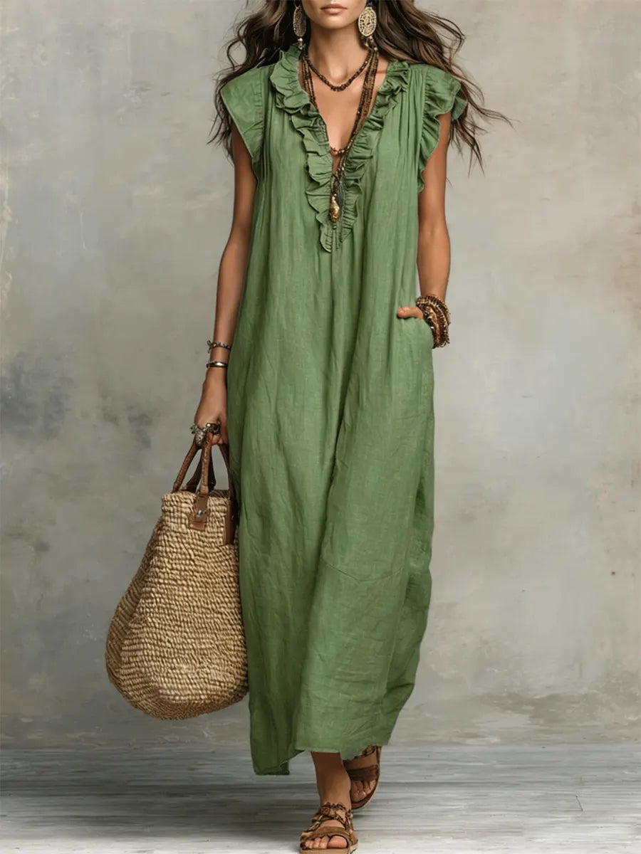 Frieda | Damen Rüschen Maxikleid Ärmellos