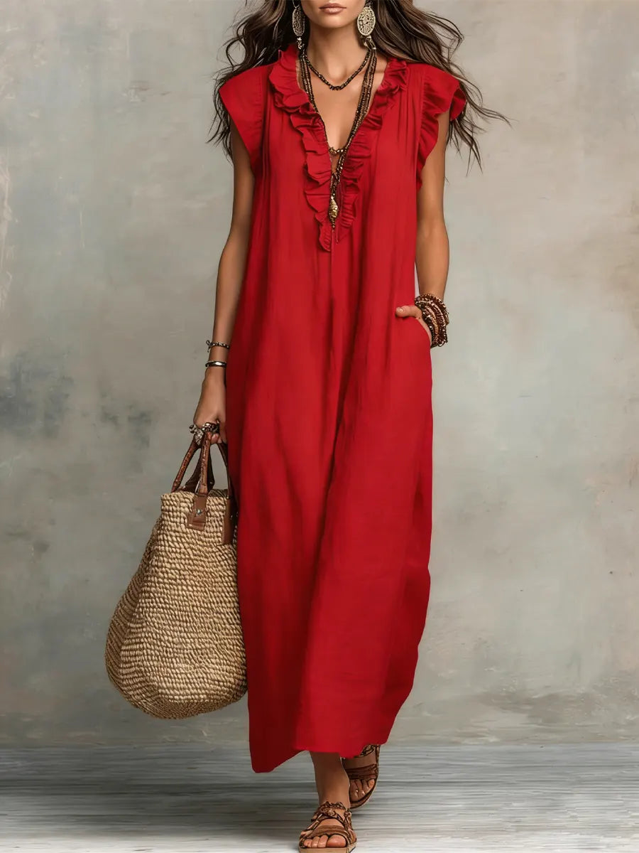 Frieda | Damen Rüschen Maxikleid Ärmellos