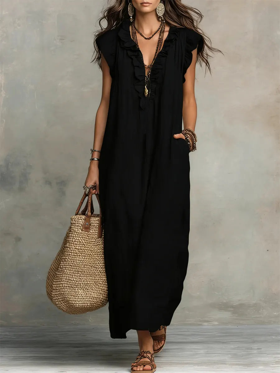 Frieda | Damen Rüschen Maxikleid Ärmellos