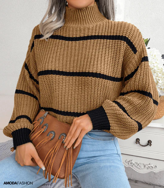 Krohn-e | Pullover - Damen Herbst Gemütlicher Rollkragen Gestreifter Pullover