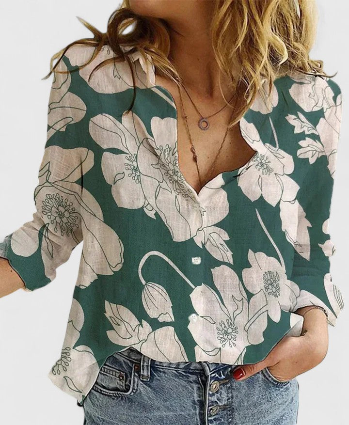 KROHN-E Damen Button-Down Bluse Leinen Wellenförmiger Reverskragen Relaxed-Fit