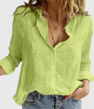 KROHN-E Damen Button-Down Bluse Leinen Wellenförmiger Reverskragen Relaxed-Fit