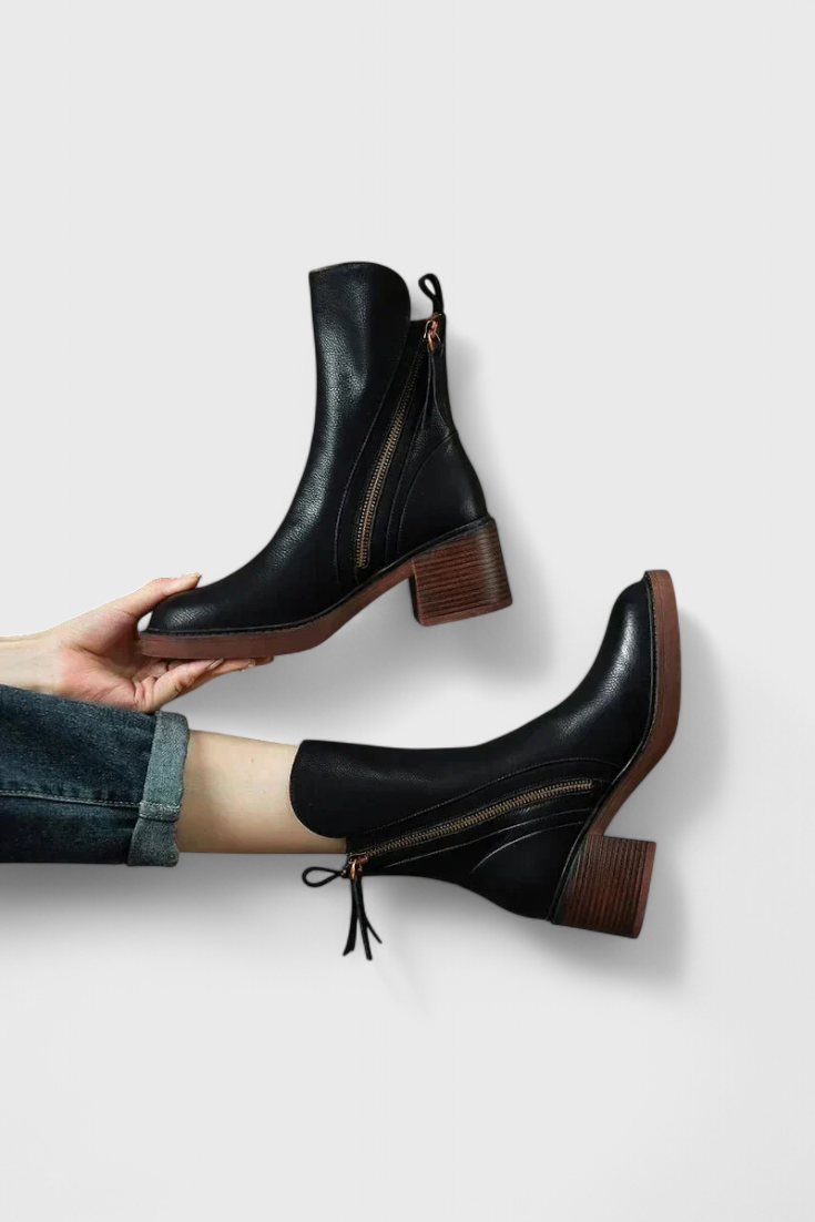 KROHN-E Damen Ankle Boots Schwarz Elegant Leder