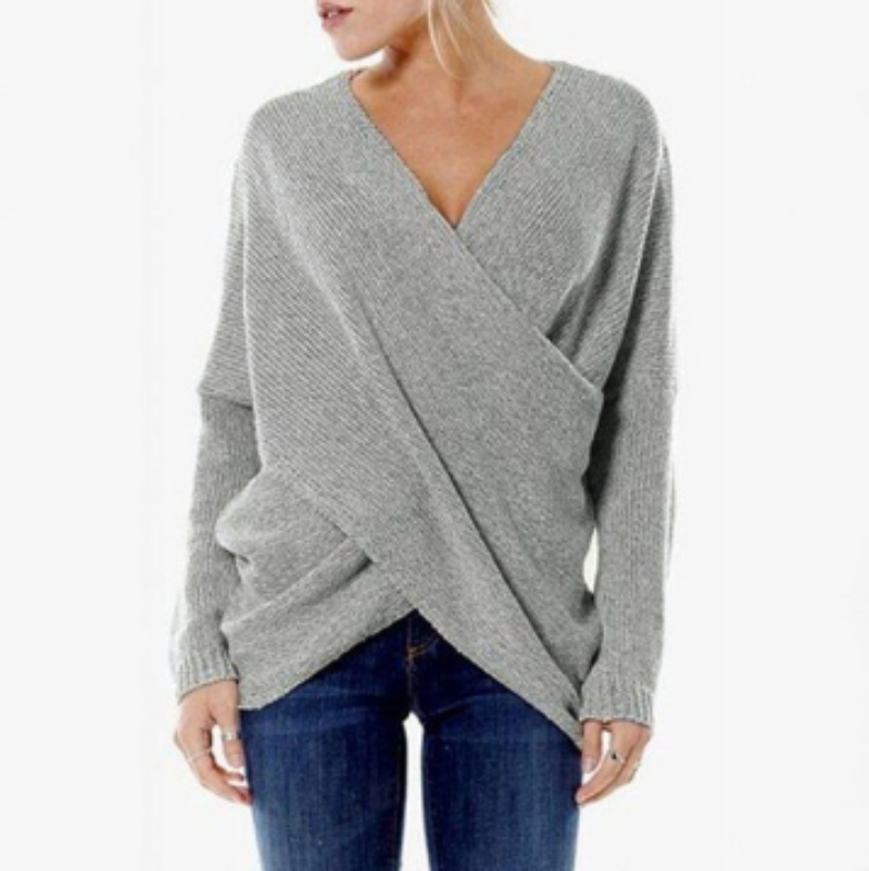 Krohn-e | Strickdamenpullover mit Wickel V-Ausschnitt und Langen Ärmeln